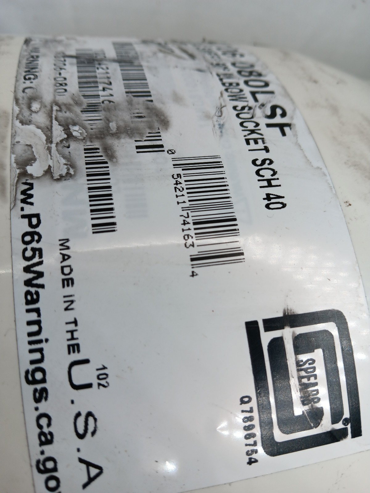 Spears 3706-080LSF 8 PVC Long Sweep 90 Elbow Soc Sch40