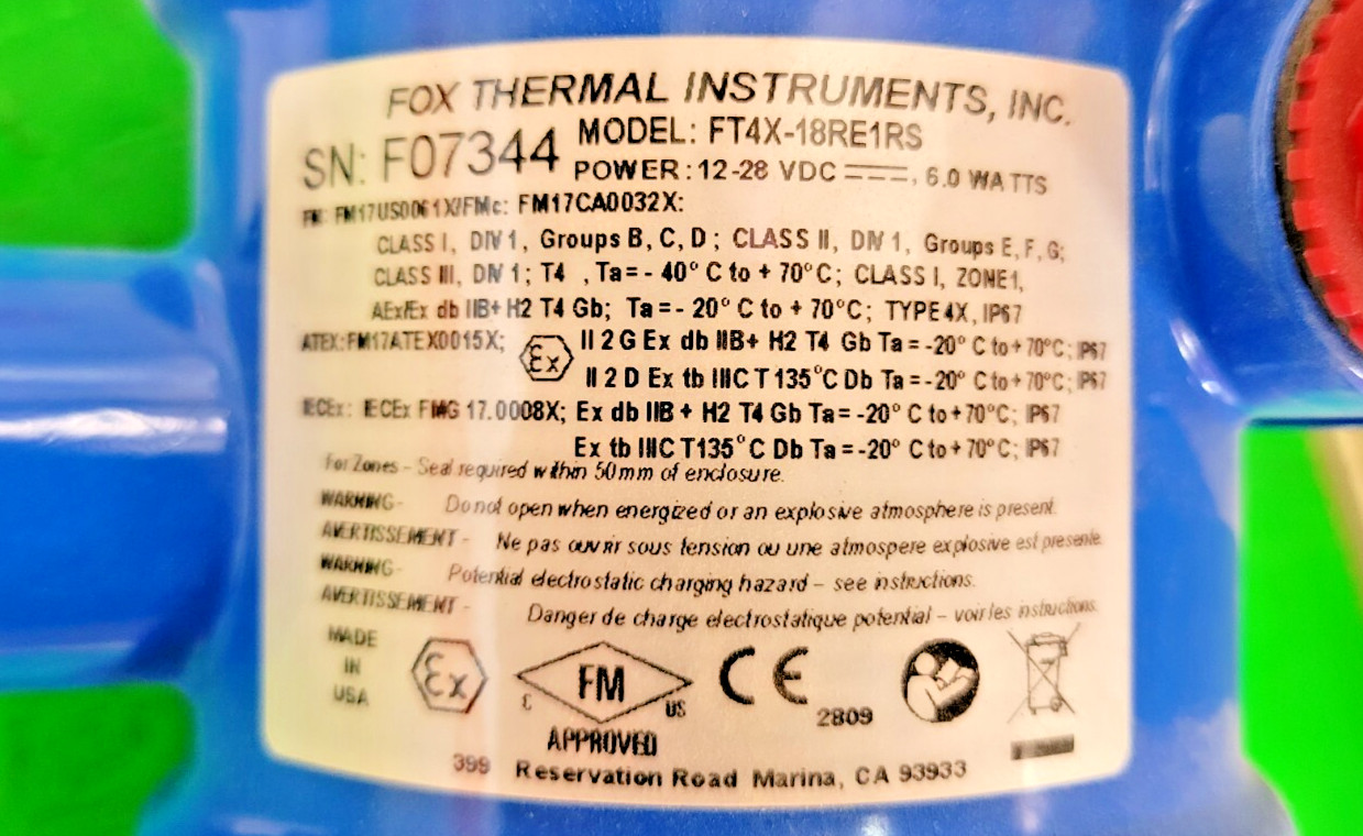 ⚡FOX THERMAL GAS MASS FLOW METER FT4X 12-28 VDC PESSCO OFFERING 1 G051525-1-7 🗽
