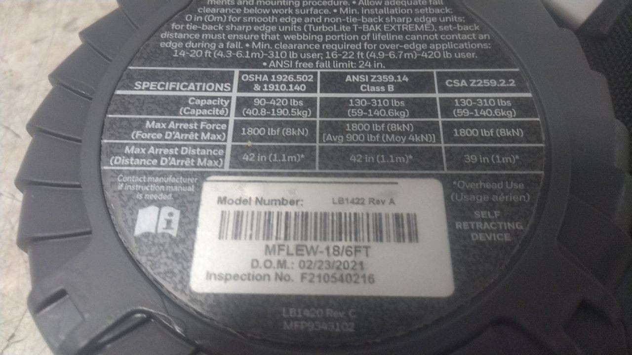 Honeywell Miller MFLEW-18/6FT 6 Ft L 420 Lb Cap Self-Retracting Fall Limiter