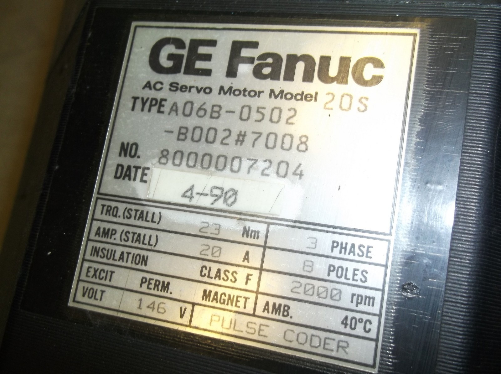 GE Fanuc AC Servo Motor Model 20S A06B-0502-B002 2000 RPM 3-Phase