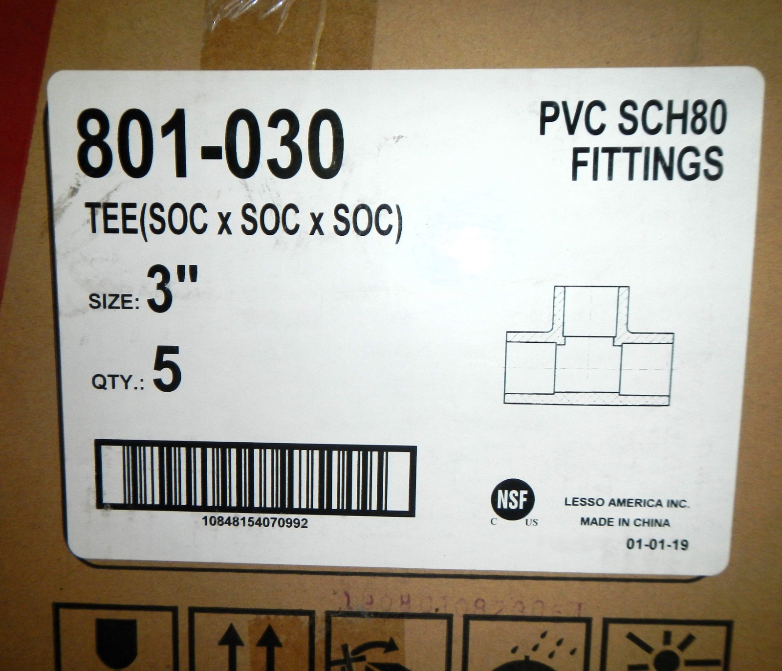 Lesso 801-030 Schedule 80 PVC Fittings 3in. Tee Connector (SOC x SOC x SOC) 5pcs