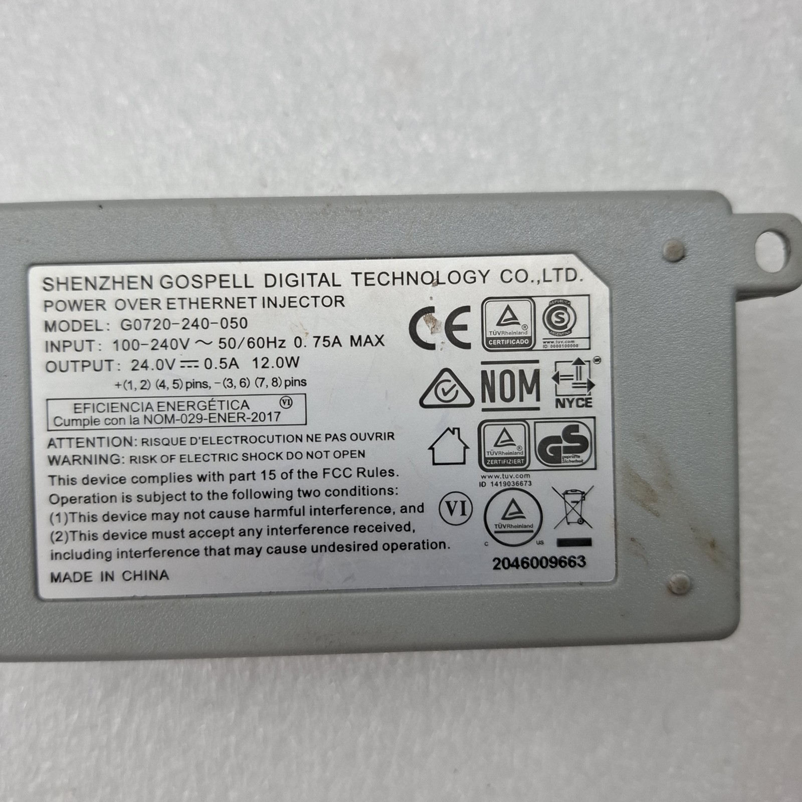 GOSPELL G0720-240-050 24V 0.5A PoE POWER OVER ETHERNET INJECTOR LAN/POE