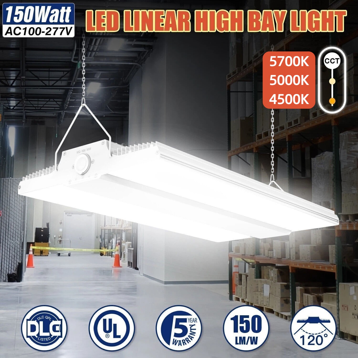 150W LED Linear High Bay Light 5700K/5000K/4500K Adjustable Commercial Shop Lamp