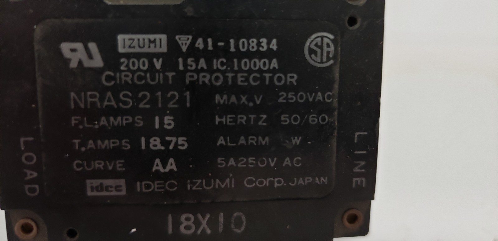 IDEC IZUMI 41-10834 CIRCUIT PROTECTOR, 250VAC, 10A