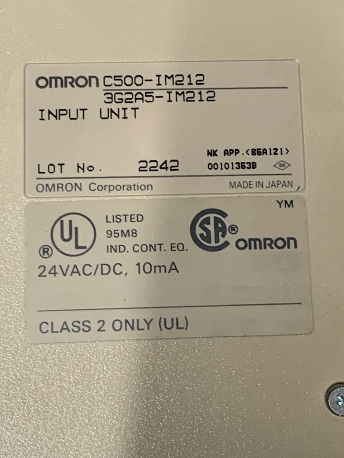 Omron Sysmac C500-IM2123G2A5-IM212 Programmable Controller New Old Stock