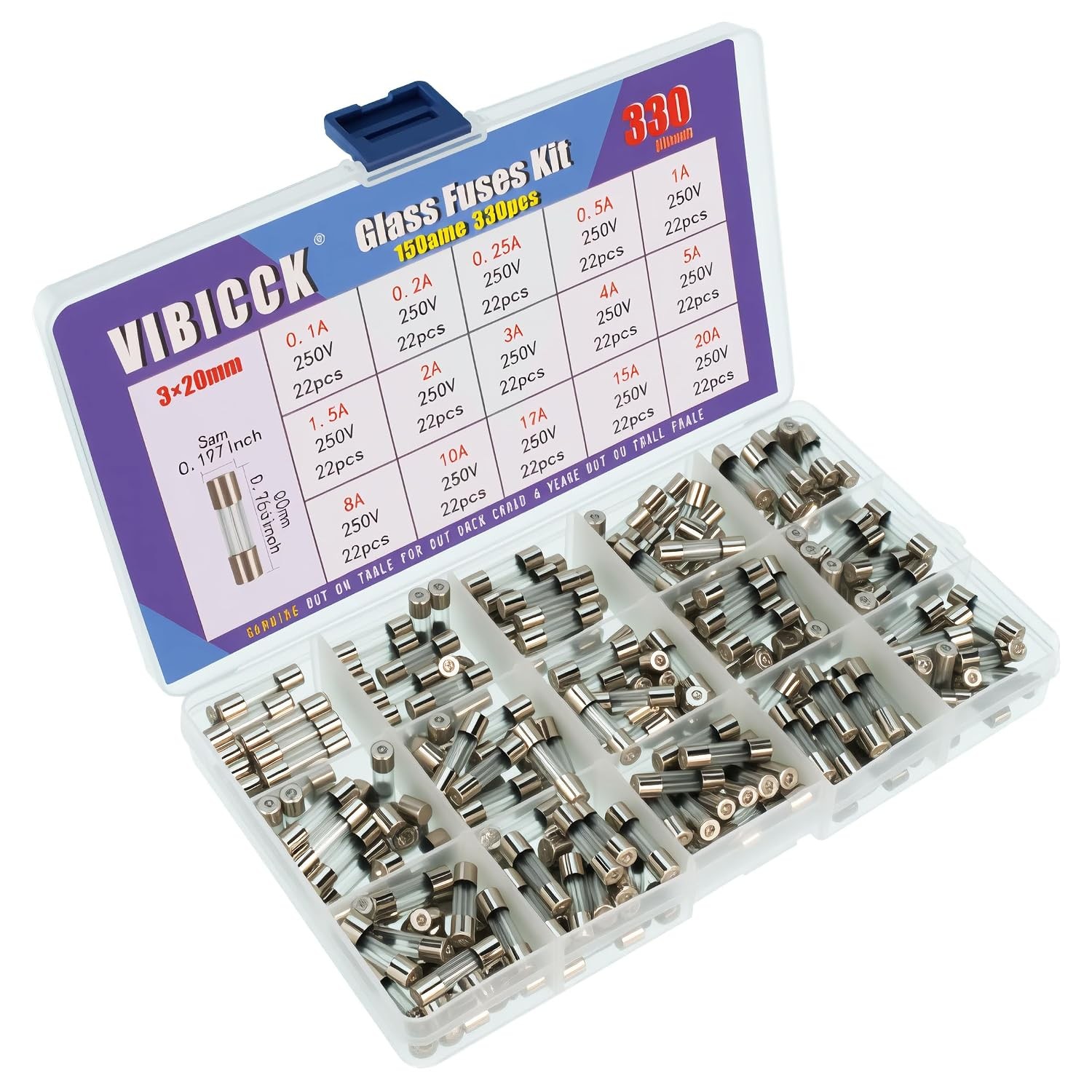 330Pcs 15Values Fast-Blow Glass Fuse Assortment Kit, 250V 0.1A/ 0.25A/ 0.2A/ 0.5