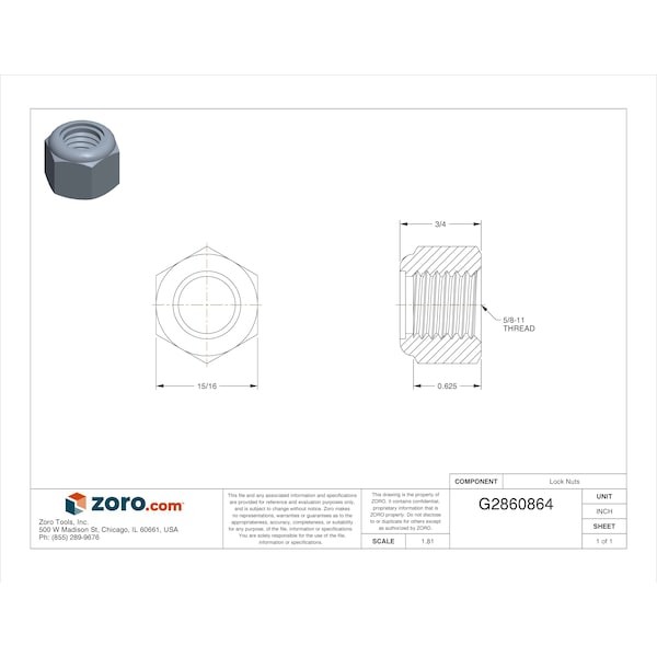 Nylon Insert Lock Nut, 1/2″-13, Steel, Grade 5, Zinc Plated, 19/32 In Ht, 25