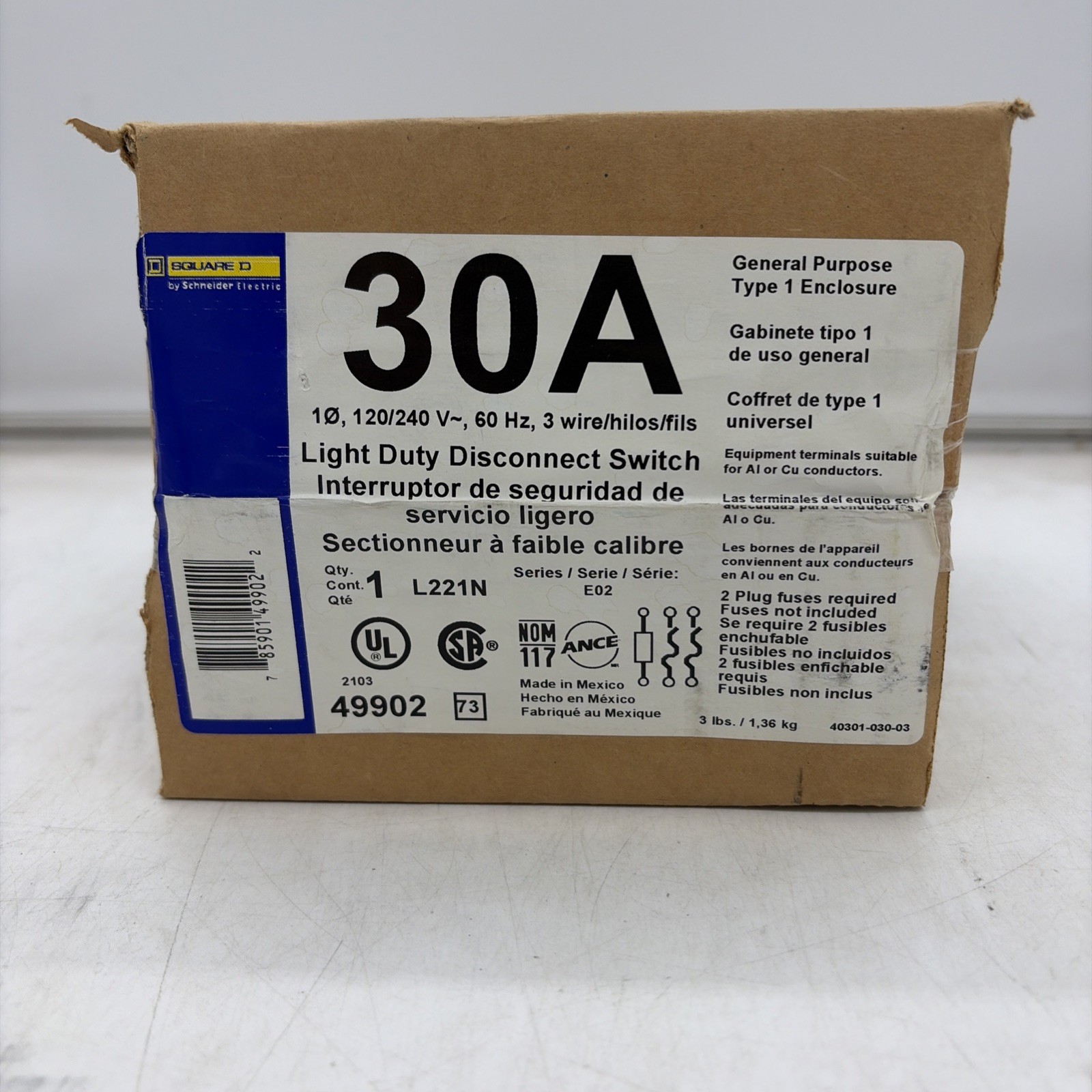 New Square D L221N 30Amp Light Duty Disconnect Switch Series E02 1Phase AK
