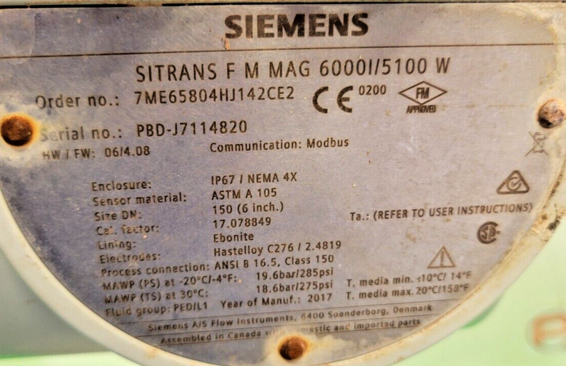 ⚡SEIMENS 6″ 150 SITRANS F M MAG 6000I/5100W PESSCO IS OFFERING 1 G050624-4 🗽