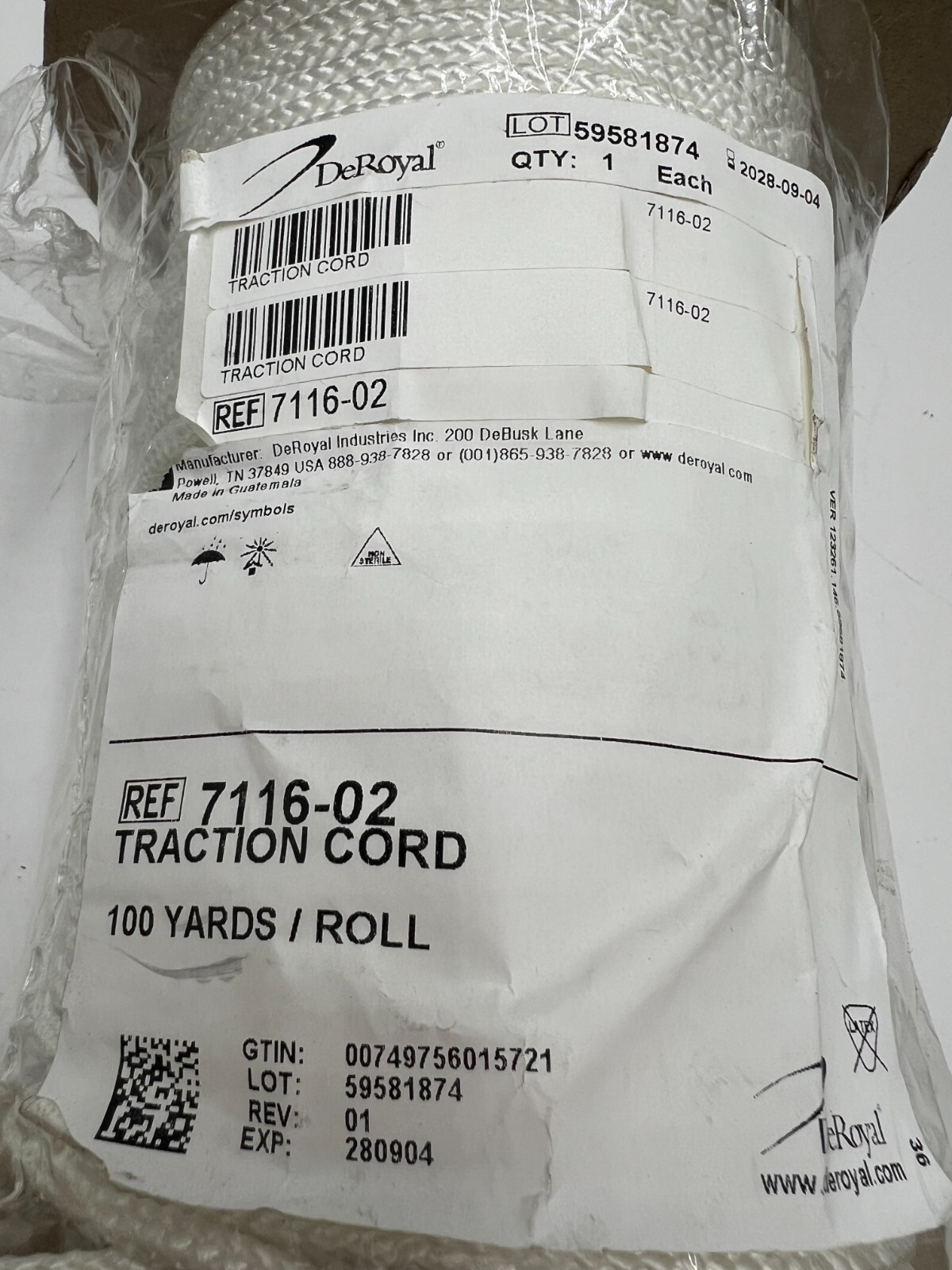DeRoyal Traction Cord 100yd Roll White 7116-02 Polypropylene Non Sterile