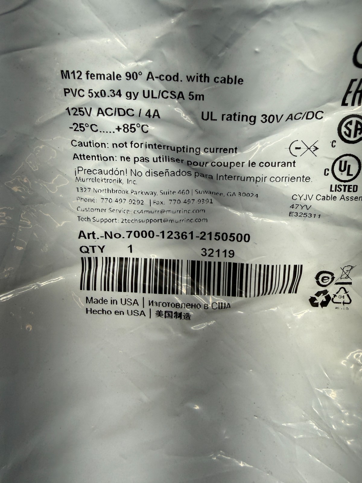 Murr Elektronik 7000-12361-2150500 125VAC M12 Female Connector with Cable