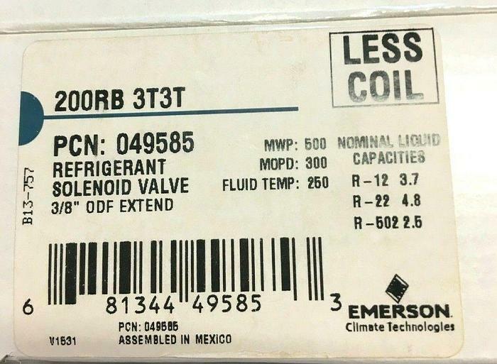 Emerson Refrigerant Solenoid Valve 3/8″ ODF Extend 200RB 3T3T NIB Free Shipping