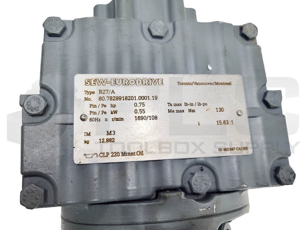 NEW SEW EURODRIVE R27 DRS71M4/RI GEAR MOTOR 3/4HP 1690RPM RATIO: 15.63:1