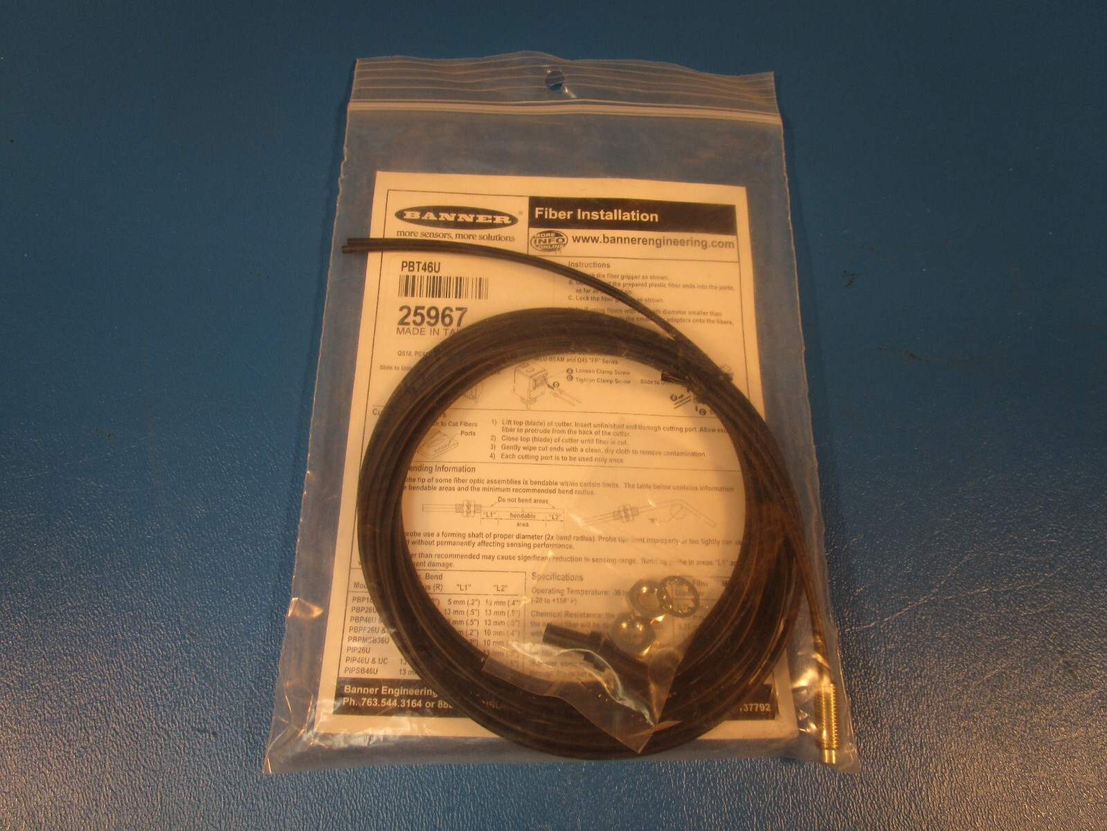 Banner PBT46U, 25967 Fiber Optic Cable, Plastic Fiber, Diffuse Reflective