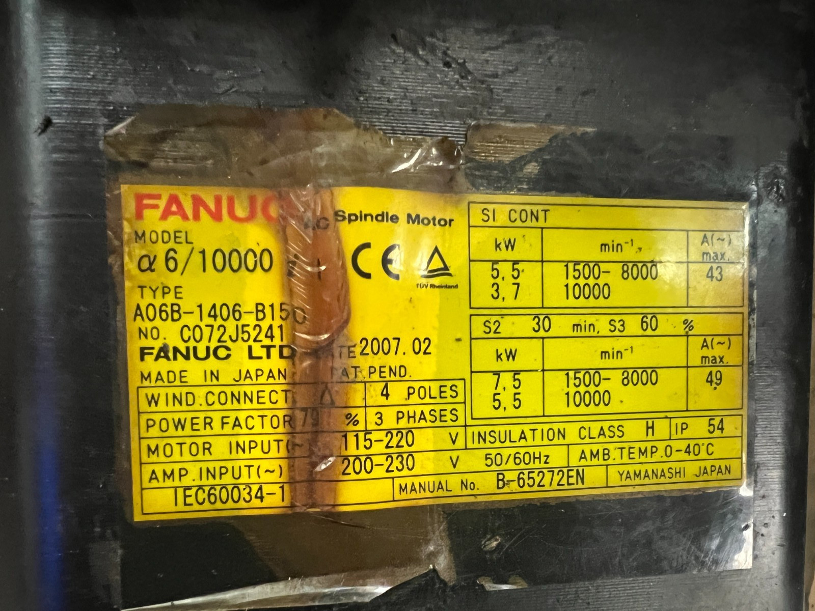 Fanuc #A06B-1406-B150 AC Spindle Motor – Damaged Electrical Box