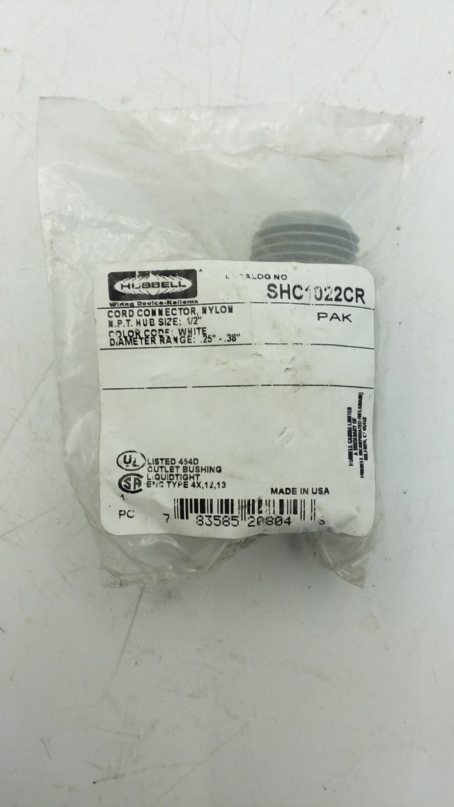 HUBBELL SHC1022CR CORD CONNECTOR STR ML .25-.38″ 1/2″ NYL GRAY NIB