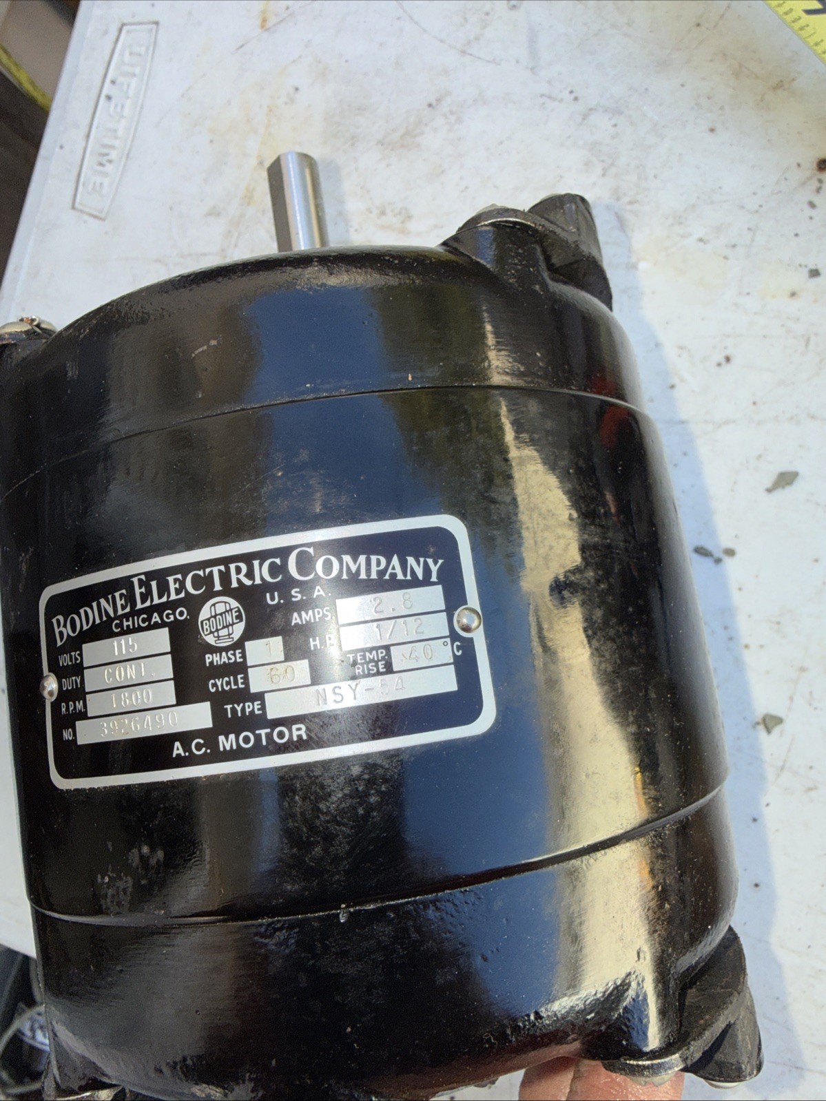 BODINE ELECTRIC COMPANY Motor, Type NSY-54 115AC 1/12HP 1800 RPM/2.8 Amp USA