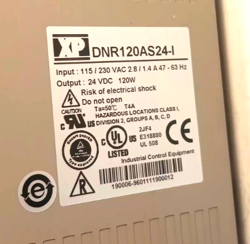 24 volt DC, 120 Watt Power Supply, XP POWER DNR120AS24-I, Input 115/230 Vac