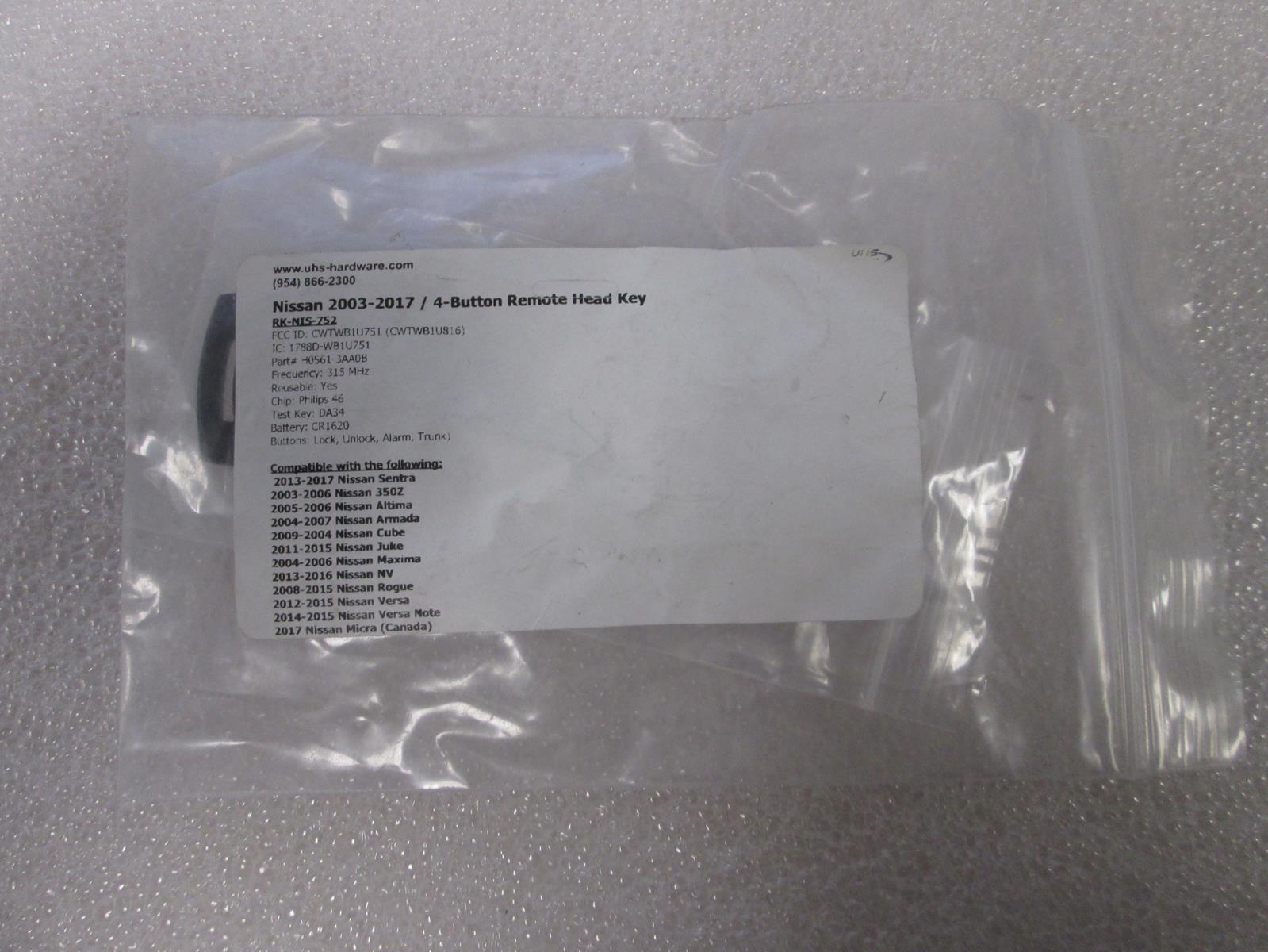 UHS HARDWARE RK-NIS-752 NISSAN 2003-2017 4-BUTTON REMOTE HEAD KEY