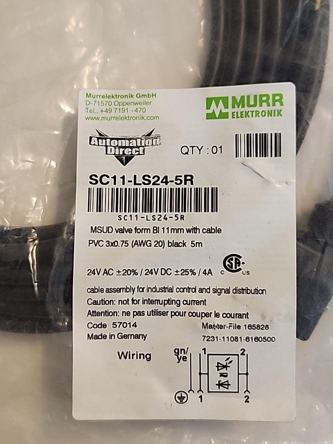 (NEW) MURR ELEKTRONIK / AUTOMATION DIRECT SC11-LS24-5R 24V Solenoid Valve Cable