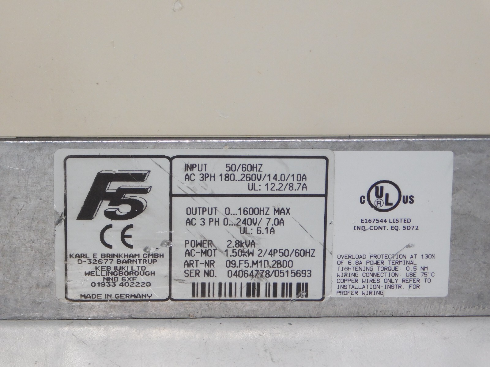 KEB Combivert 09.F5.M1D.2BD0 Automation Inverter DIN66019 Keyboard 2.8kVA 1.50kW