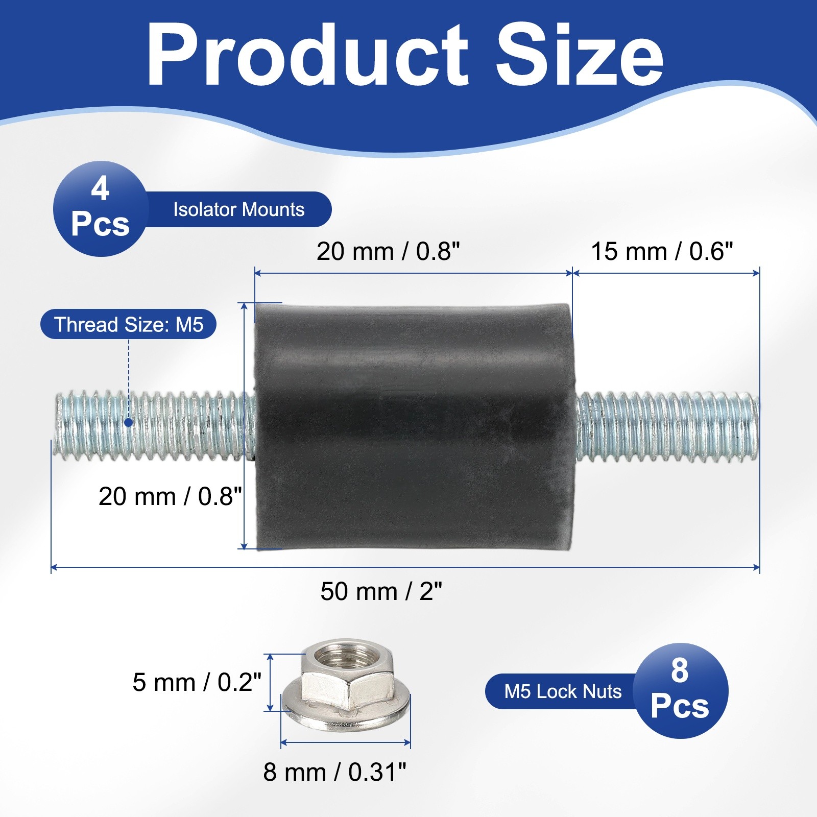 M5-20x20mm Rubber Isolator Mounts Vibration Studs Shock Absorber, 4Pcs (50mm)