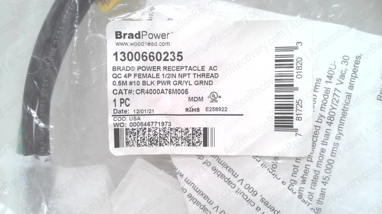 BRAD POWER CR4000A76M005, QUICK-CHANGE CIRCULAR CABLE, 1300660235, NEW #350455