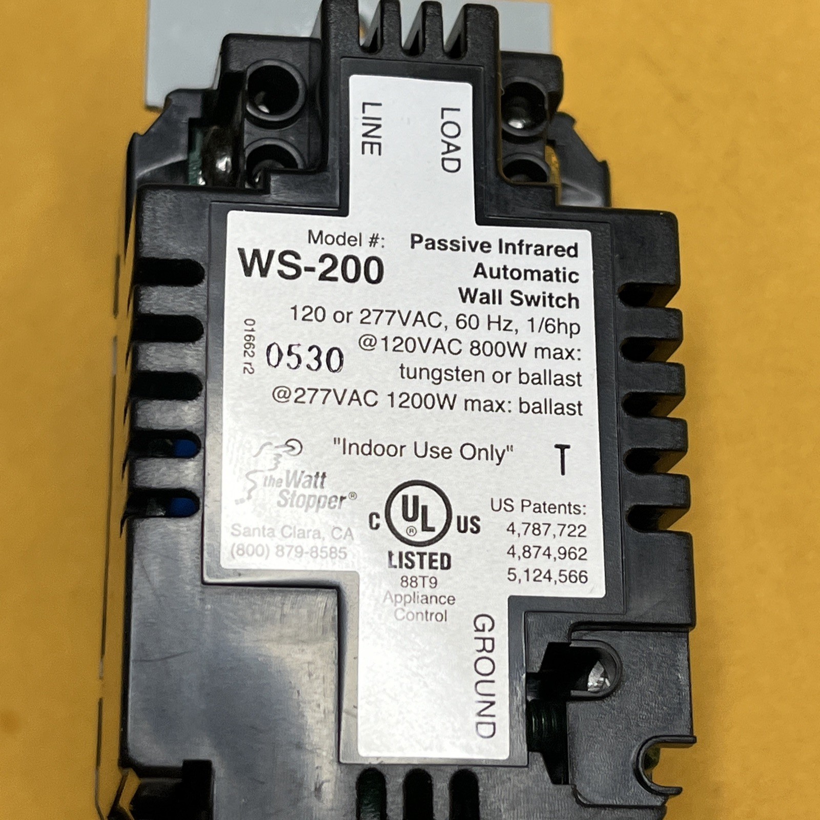 Watt Stopper WS-200-B Passive IR Automated Wall Switch 120-277 VAC 60 Hz Black