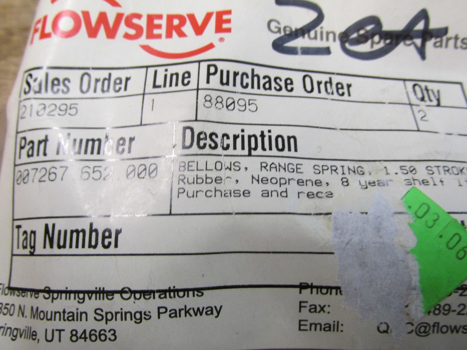 NEW NOS LOT OF 2 Flowserve 007267-652-000 Bellows Neoprene 1.50 Stroke