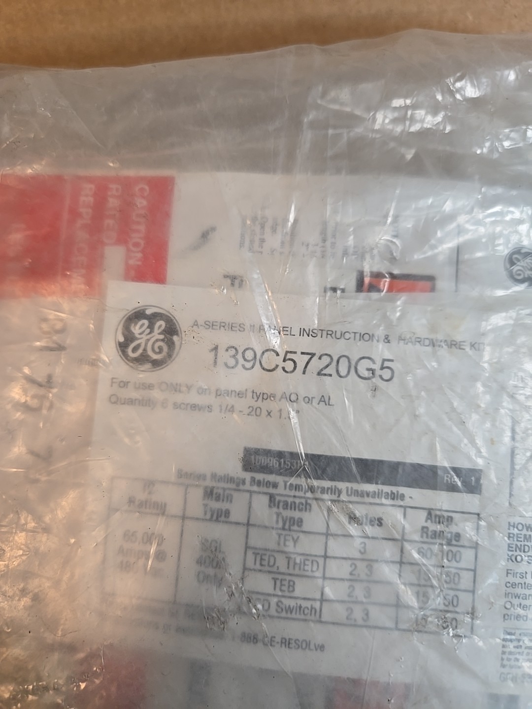 GE 139C5720G5 A-Series II Panel Instruction & Hardware Kit