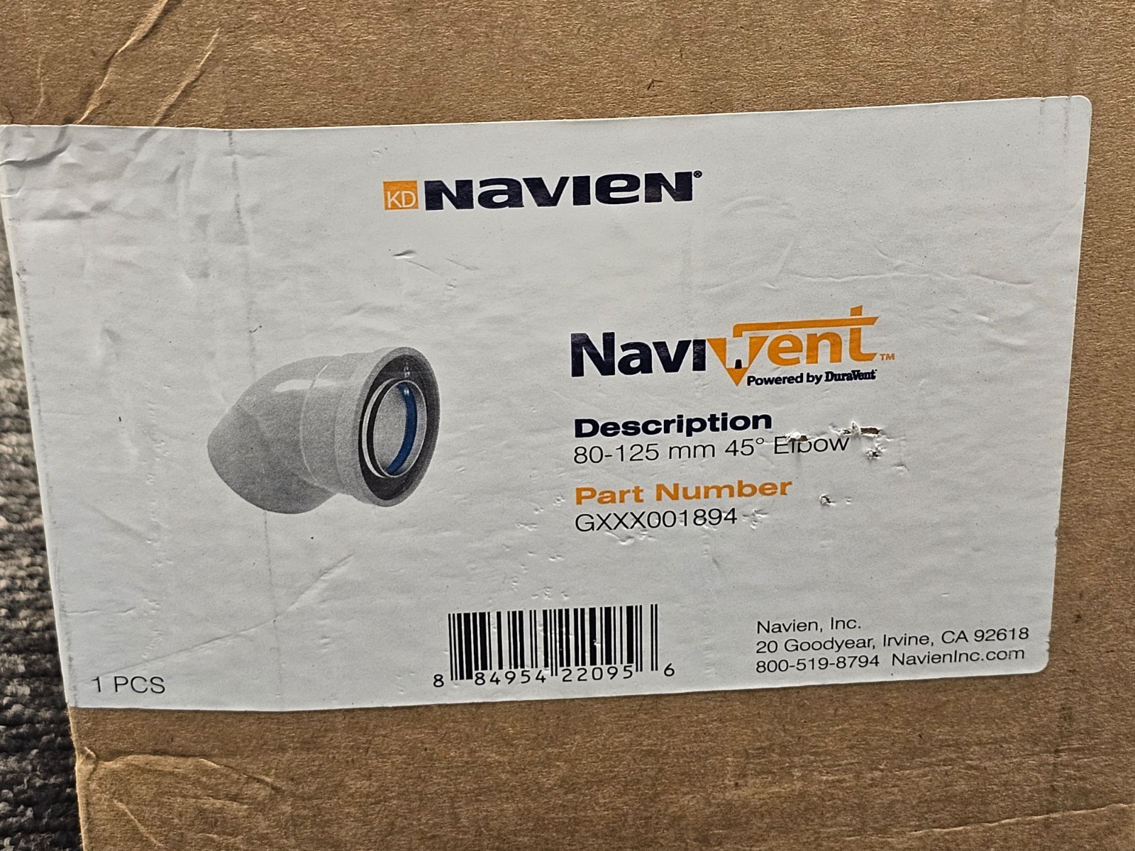 Navien GXXX001894 NaviVent 80-125 mm 45 Deg Elbow Concentric Venting White