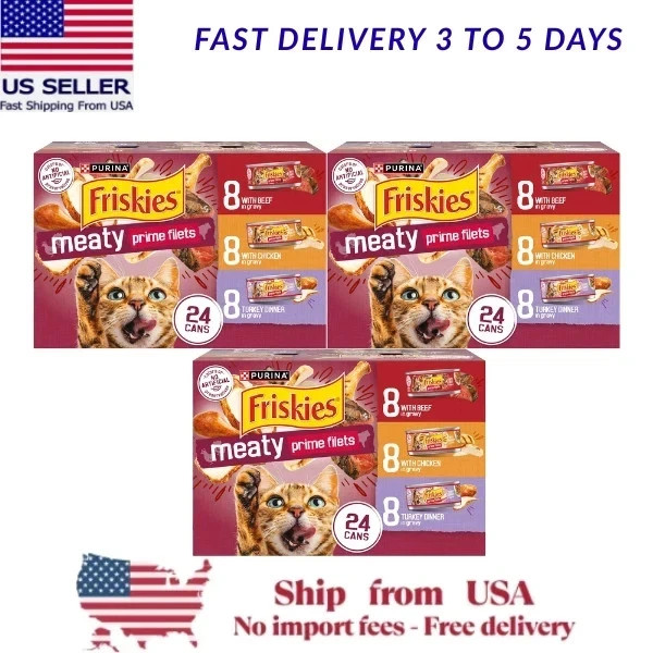 3 PACK Purina Friskies Gravy Wet Cat Food Variety Pack, Prime Filets Meaty,24ct