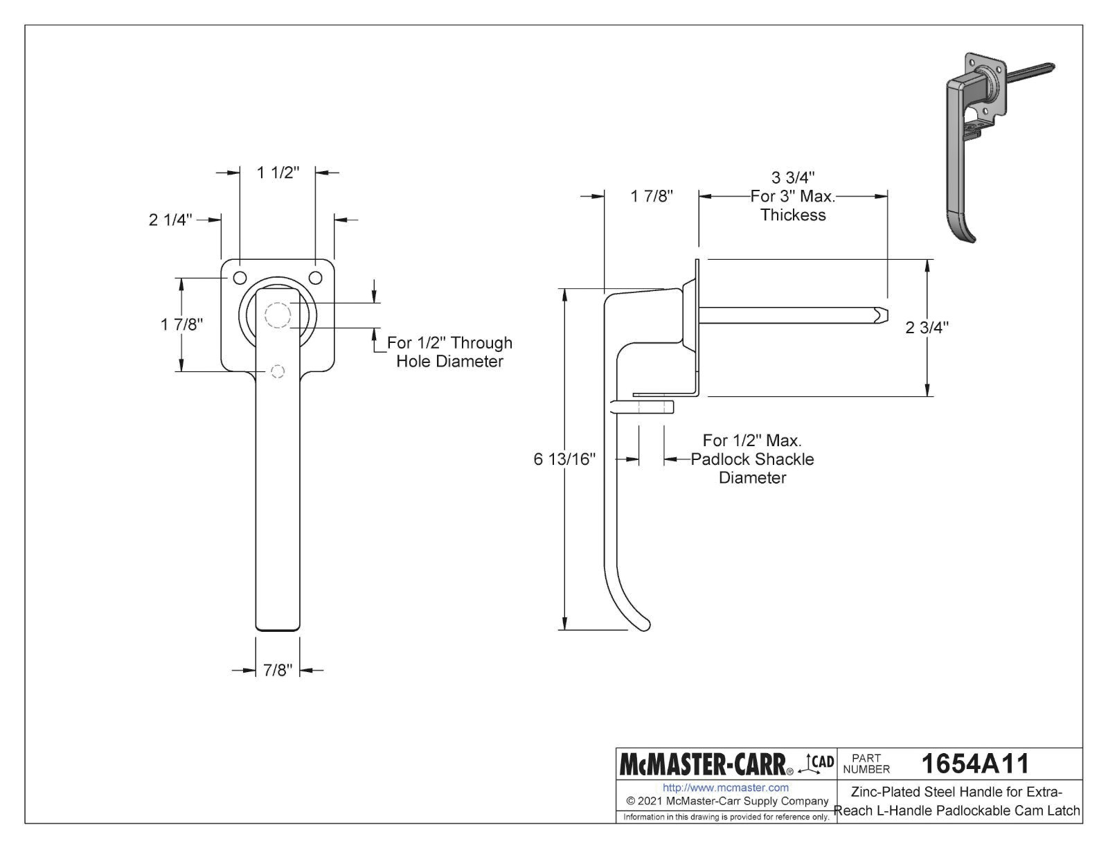 McMaster-Carr Zinc-Plated Steel Handle for Extra-Reach L-Handle Padlockable Cam