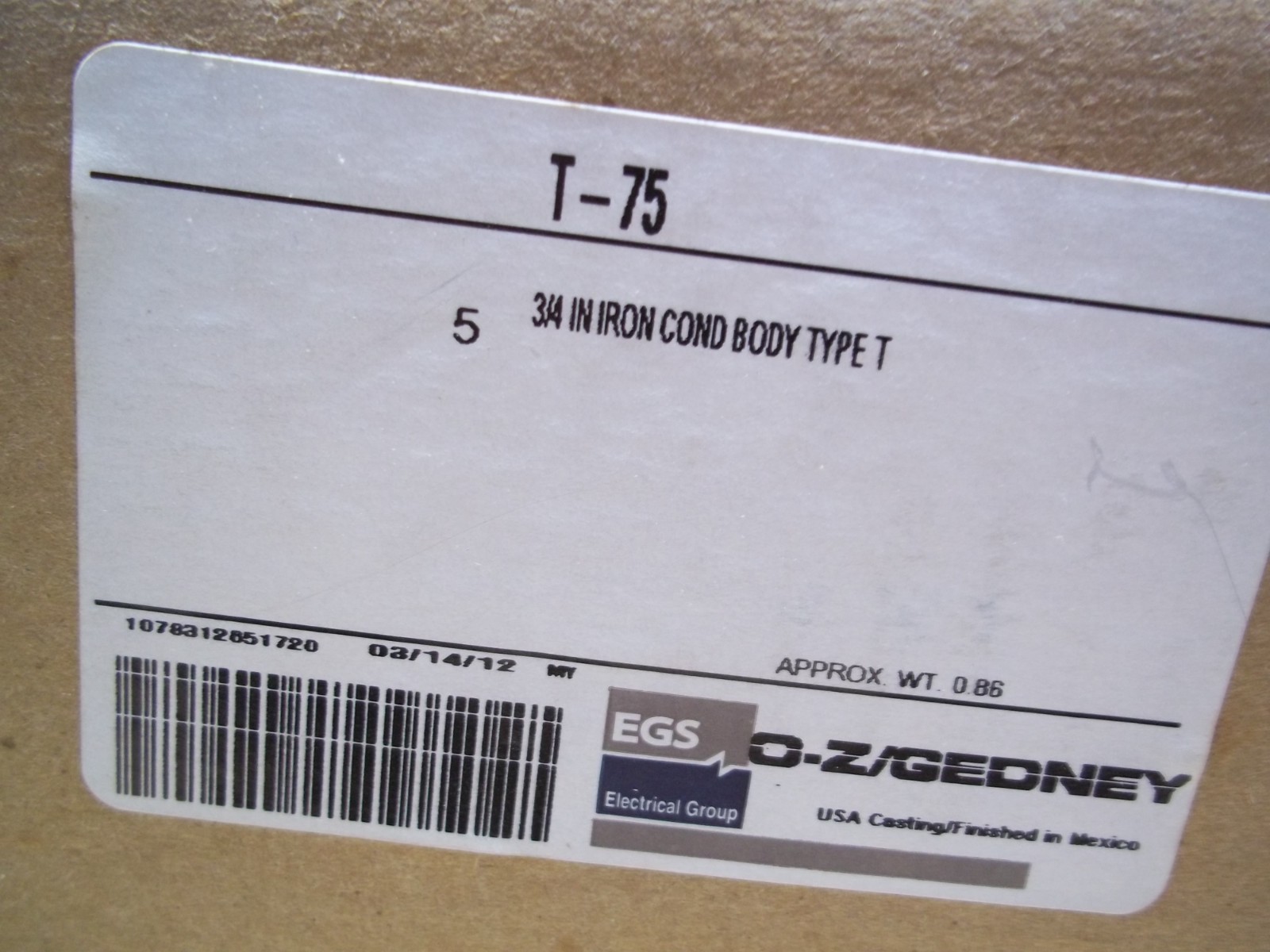 New Box of 5 O-Z/Gedney T-75 Type T 3/4″ Iron Conduit Body