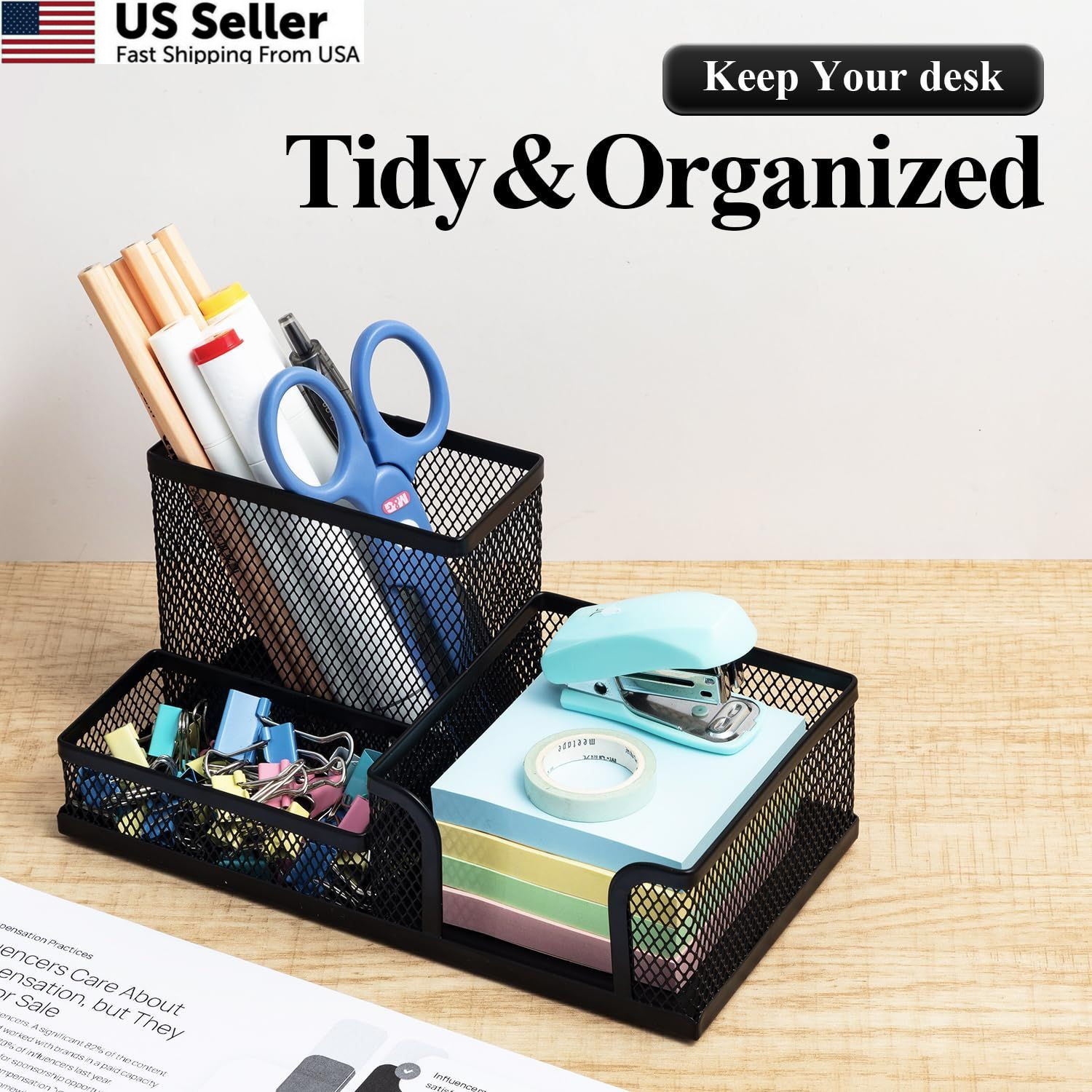 3-Compartment Mesh Pen Holder Desk Organizer Metal Pencil Cup Sticky Note Black