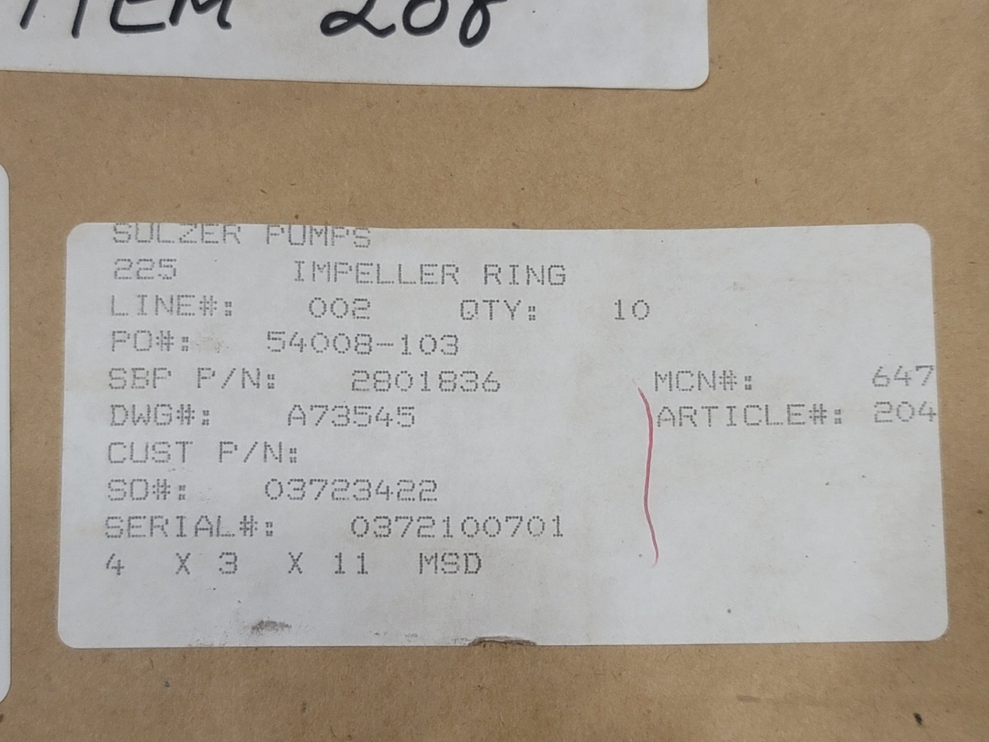 Sulzer Pumps Impeller Ring – Miscellaneous MRO