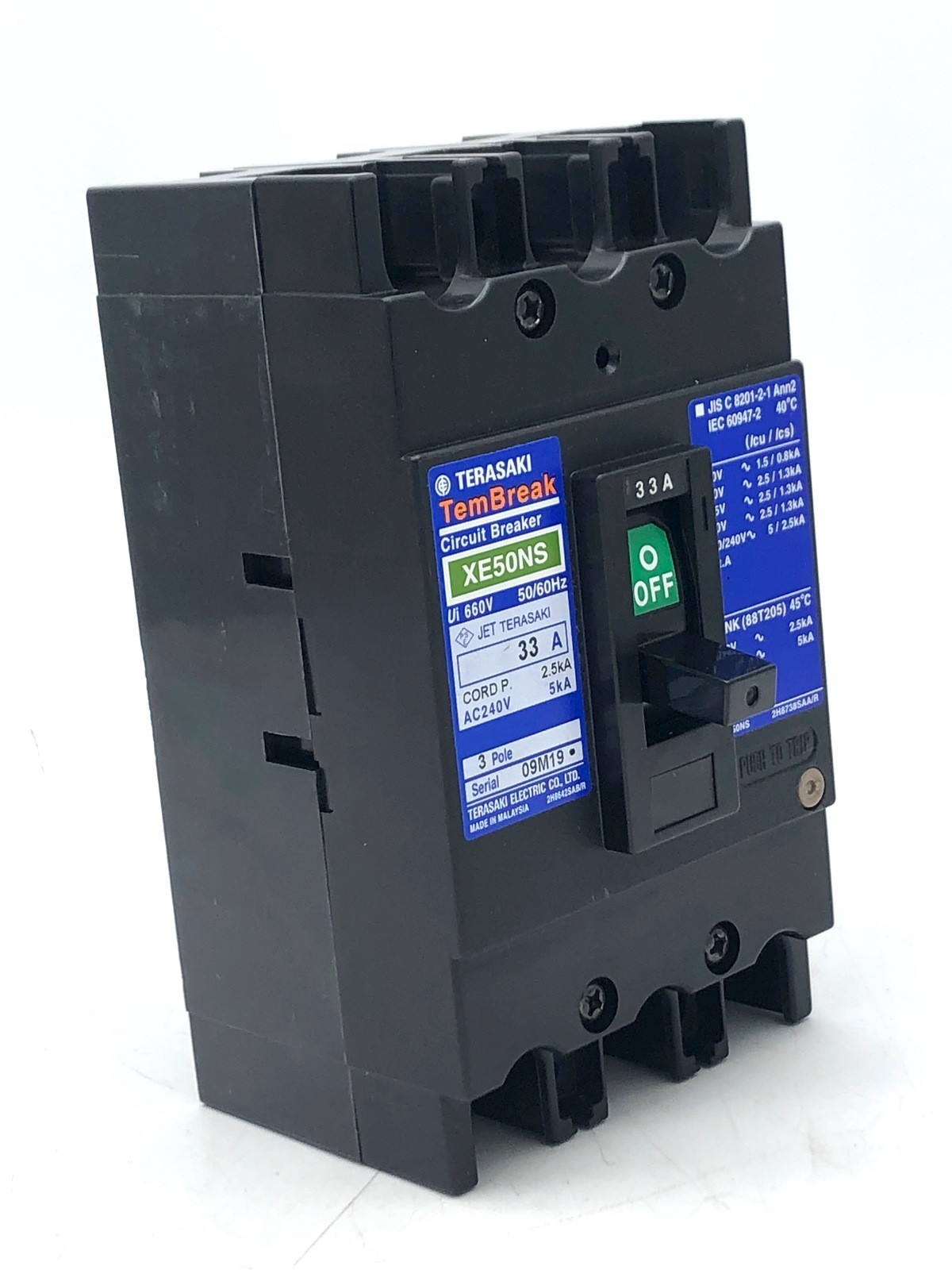 Terasaki Tembreak XE50NS Circuit Breaker No-Fuse 3P 33A 50Hz 240V 5kA