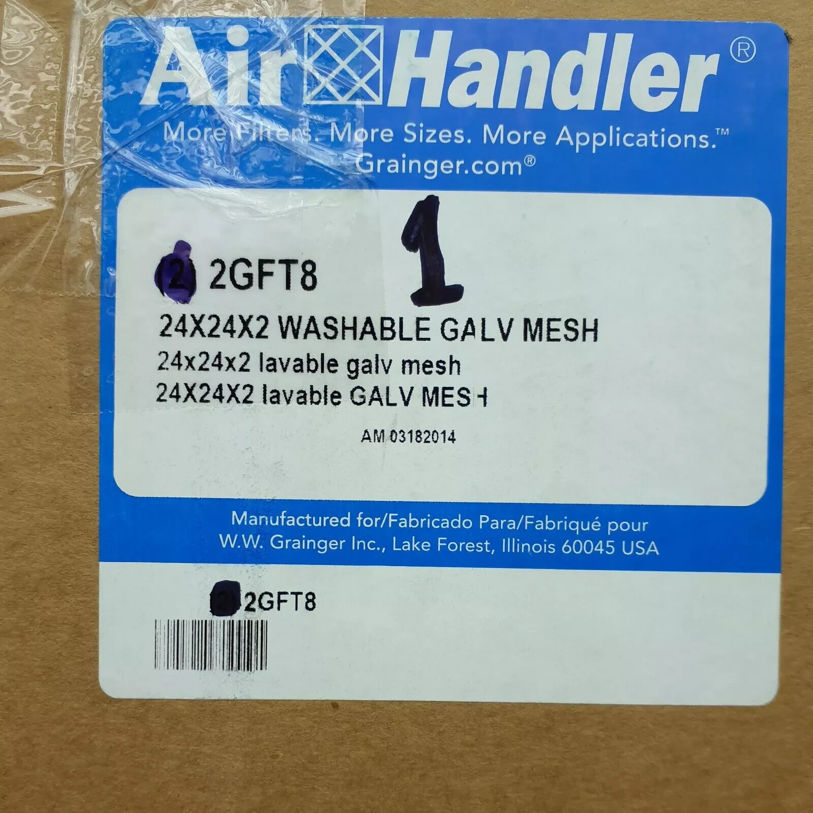 2 Air Handler 2GFT8 Washable Galvanized Metal Air Filter 24″ x 24″ x 2″ GRAINGER