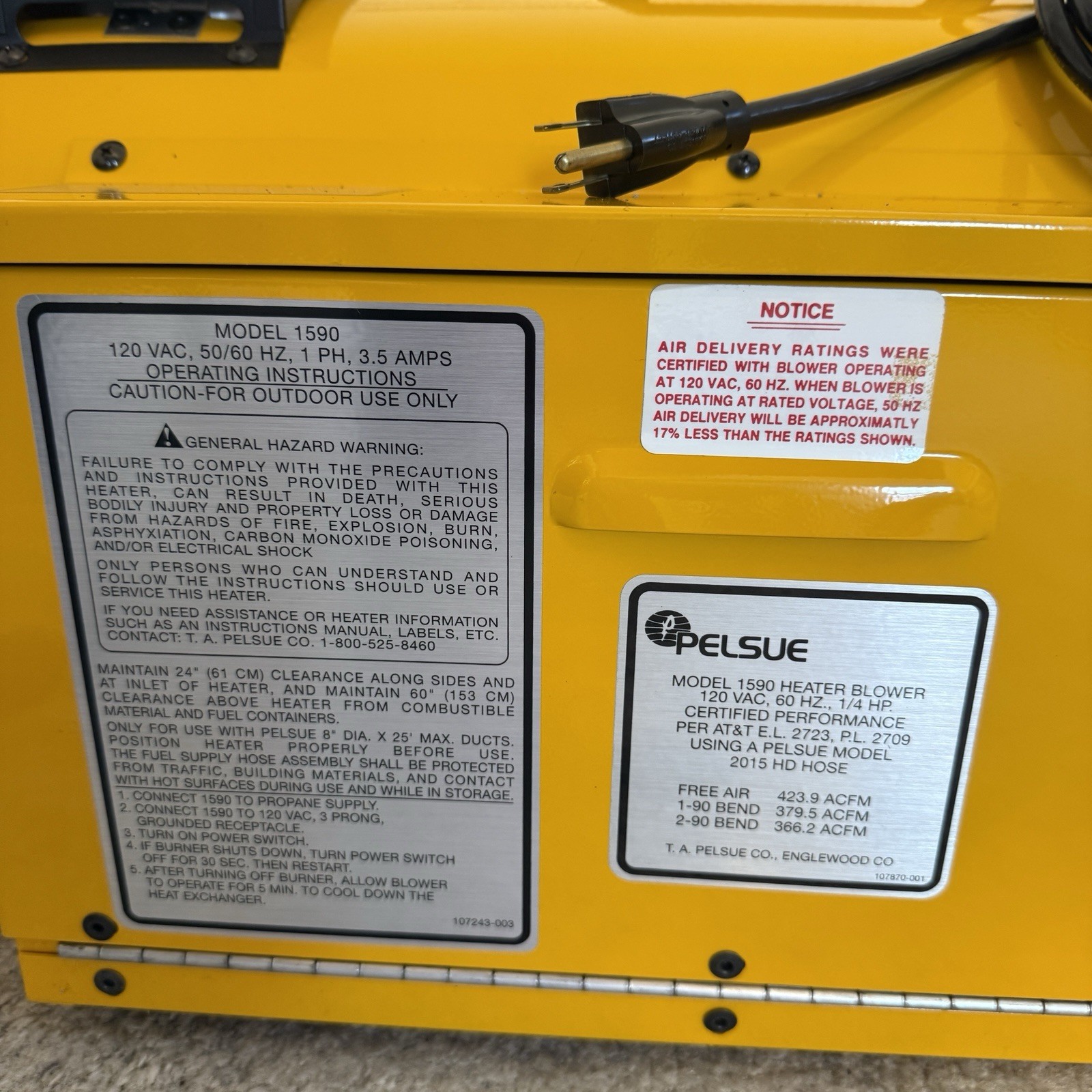 Pelsue 1590 Propane Heater Axial Blower 45,000 BTU 120V New Open Box TESTED