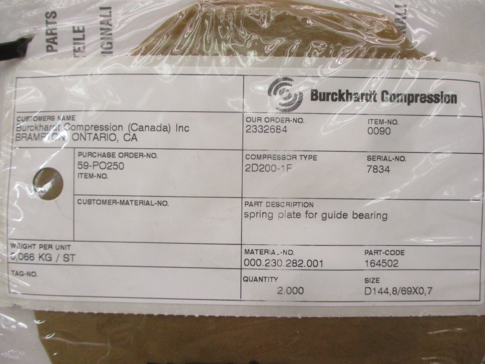 New Burckhardt Compression 2D200-1F Spring Plate for Guide Bearing D144 53119PRX