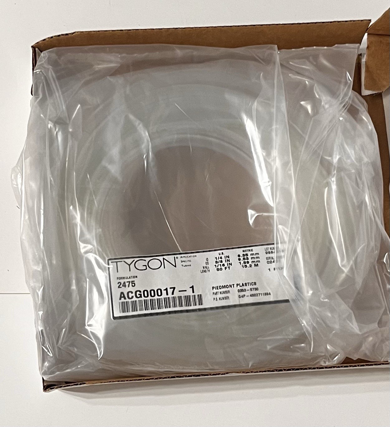 TYGON 2475 High-Purity Tubing 1/4″ ID x 3/8″ OD x 1/16″ Wall Clear Flexible 10ft