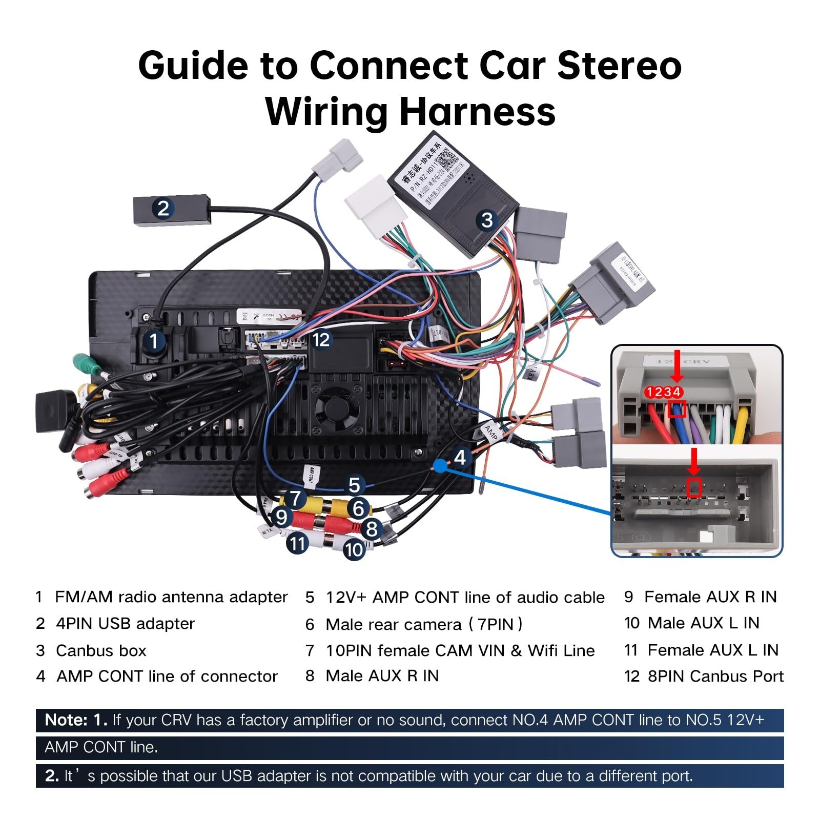 16PIN Car Radio Wiring Harness for Honda CR-V 2013-2014 2.4L, Aftermarket Ste…