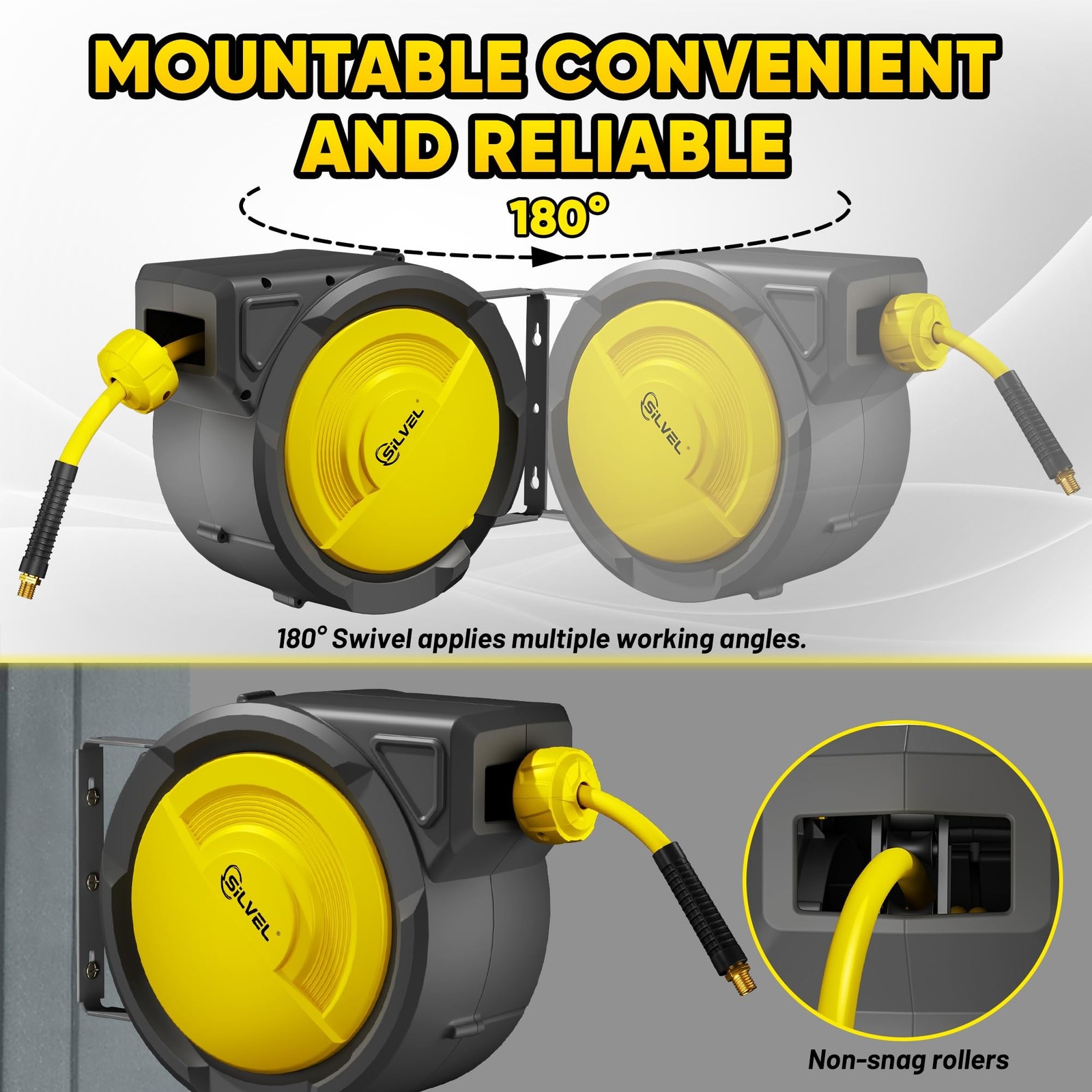 SILVEL Retractable Air Hose Reel, 3/8 in x 80FT Hybrid Hose Max 300PSI, Air C…