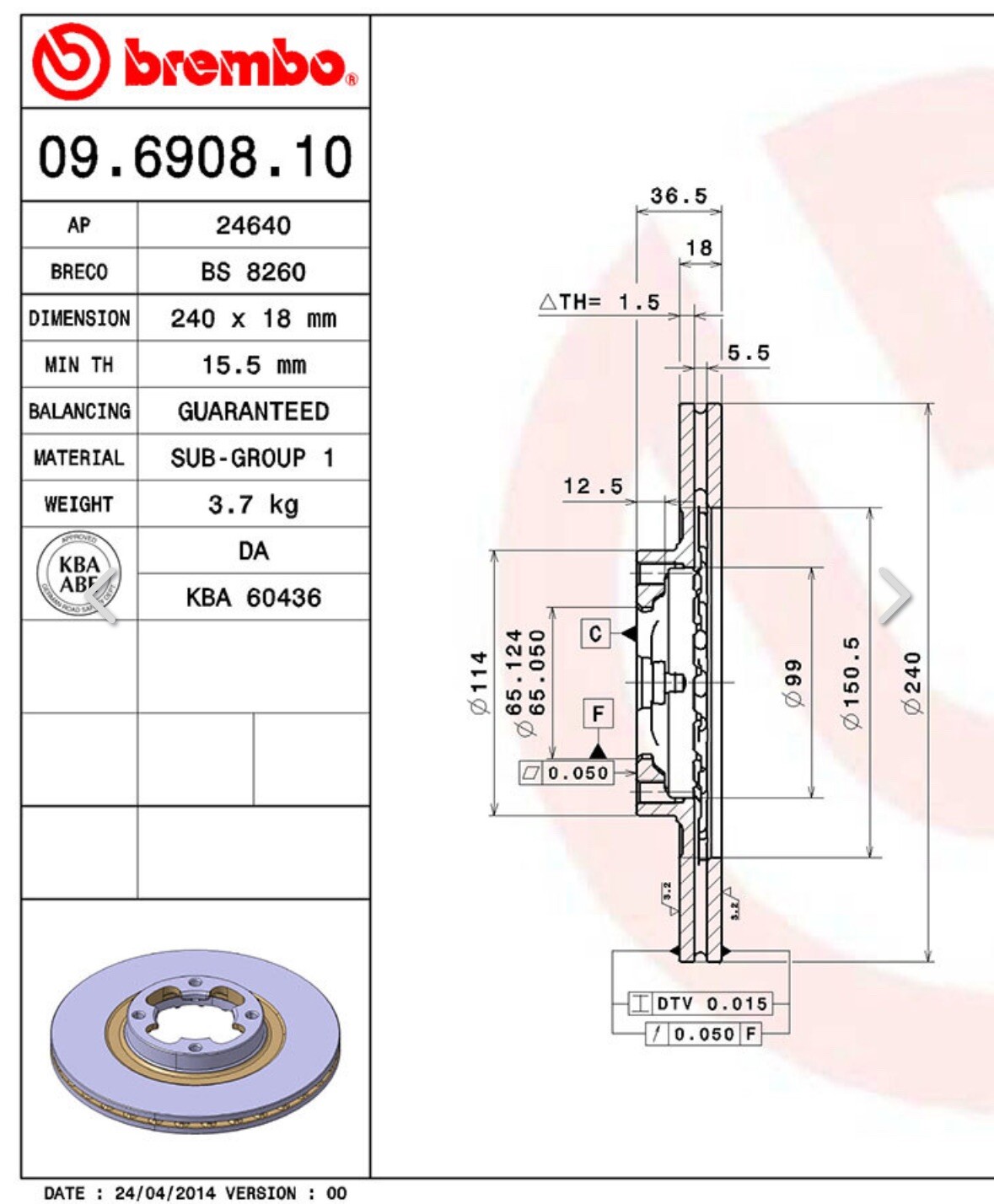 Brembo 09.6908.10 Disc Brake Rotor For Subaru 7254-31321