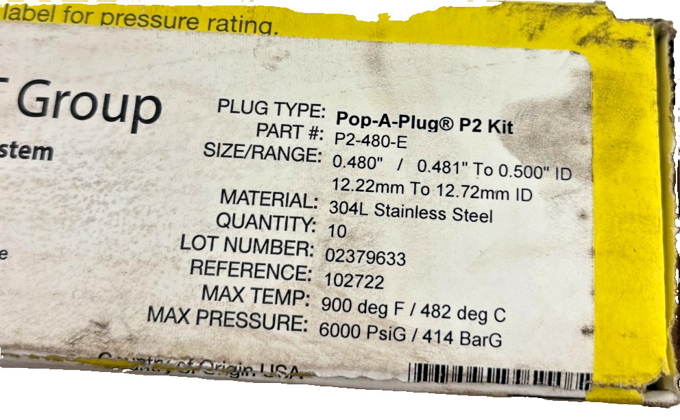 Curtiss-Wright Pop-A-Plug P2 Kit P2-480-E Tube Plugging System (Box of 10)