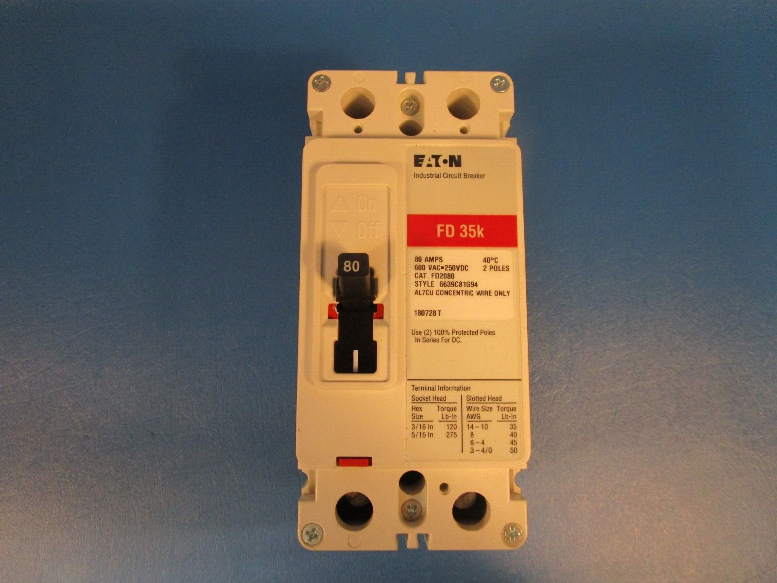 Eaton FD2080 Industrial Circuit Breaker, FD35k 2 Pole, 80A 600V, 2Ph F Frame