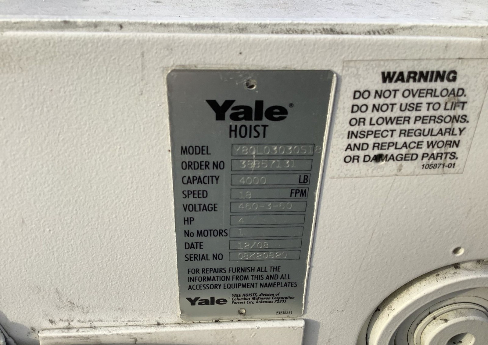 Yale Y80L03030S18 2 Ton Electric Crane Hoist Gear Box – FREE FREIGHT