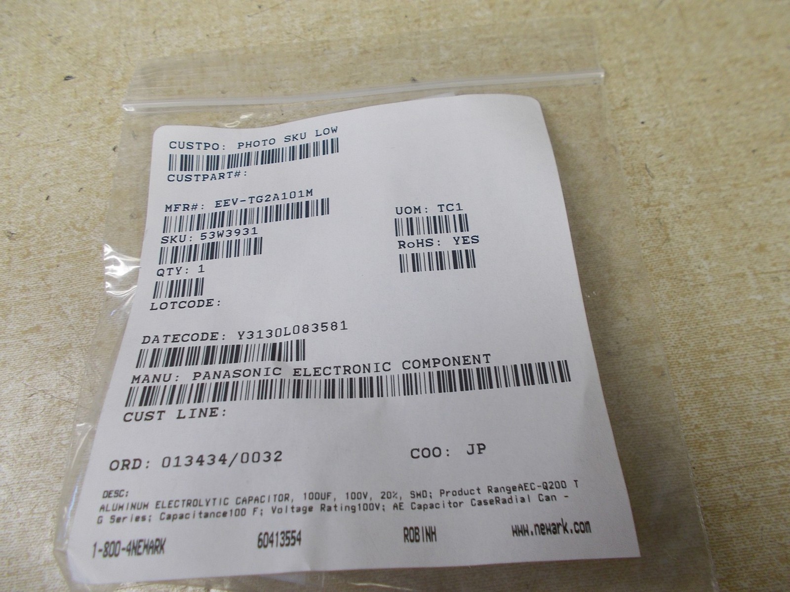 NEW Panasonic EEV-TG2A101M 100V Capacitor *FREE SHIPPING*
