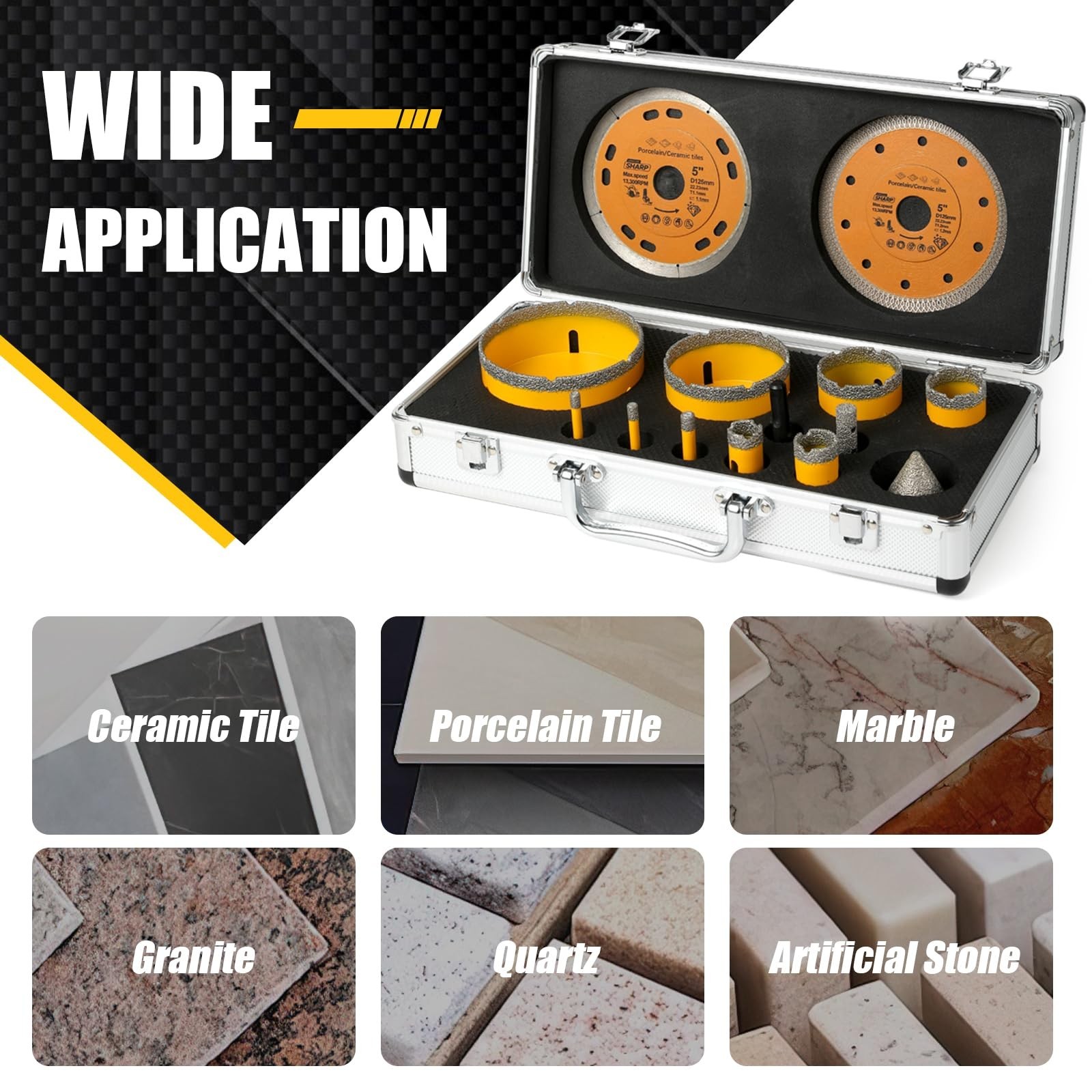 14Pcs Diamond Tile Hole Saw Kit,6/6/8/20/25/35/50/75/100MM Core Drill Bits Se…