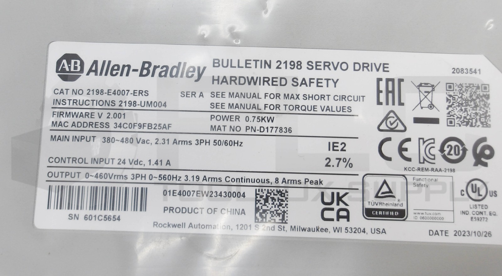 NEW ALLEN BRADLEY 2198-E4007-ERS /A SERVO DRIVE 380-480VAC 2.31A 3PH DATE 2023